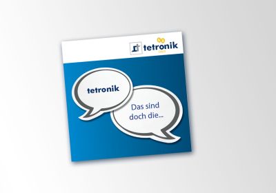 Cover der tetronik-Imagebroschüre, leicht gegen den Uhrzeigersinn gedreht, vor Grauverlauf