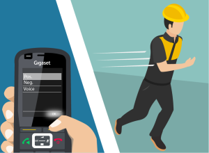 im linken Bildabschnitt drückt eine Hand am Telefon auf "Bestätigen"; im rechten Bildabschnitt rennt ein Arbeiter mit Schutzhelm