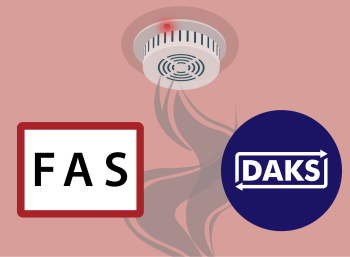 Fire Alarm System and DAKS logo in front of a fire detector and rising smoke