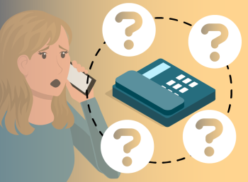 Woman talking on mobile phone next to a telephone surrounded by four question marks