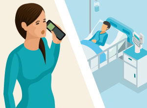 Krankenschwester mit DECT-Telefon links, Patient in seinem Bett rechts