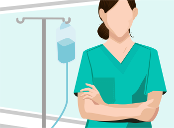 Cofident nurse in front of infusion stand